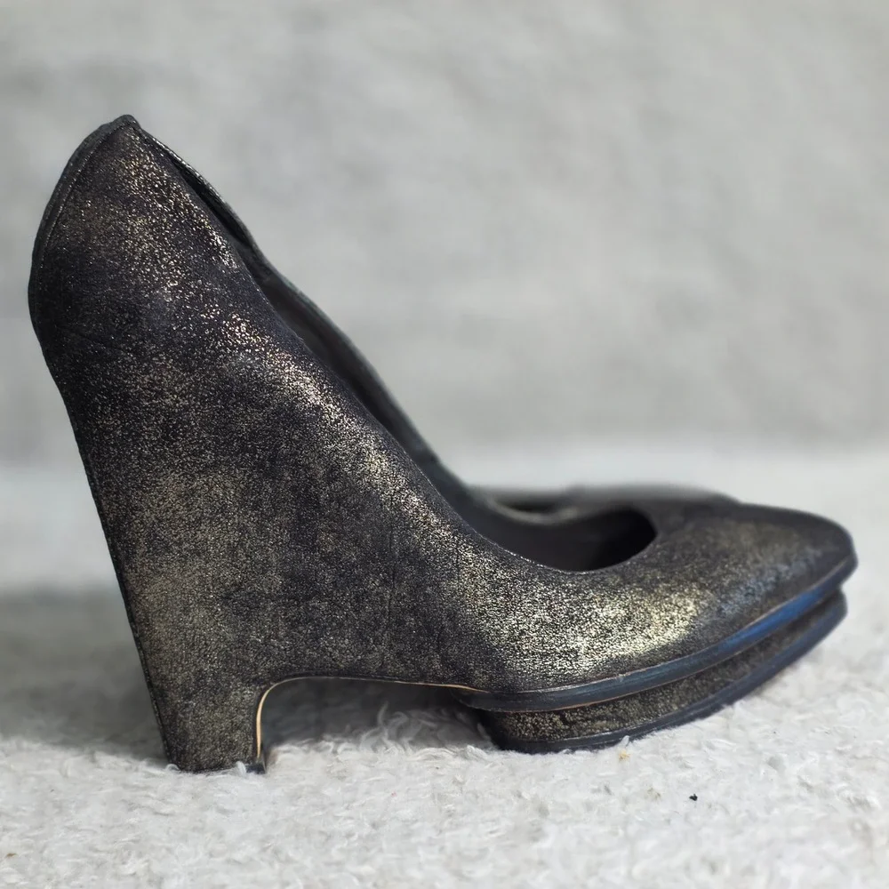 BCBGMAXAZRIA Black Metallic Architectural Platform‎ Wedge Heels Shoes 9 EU 39